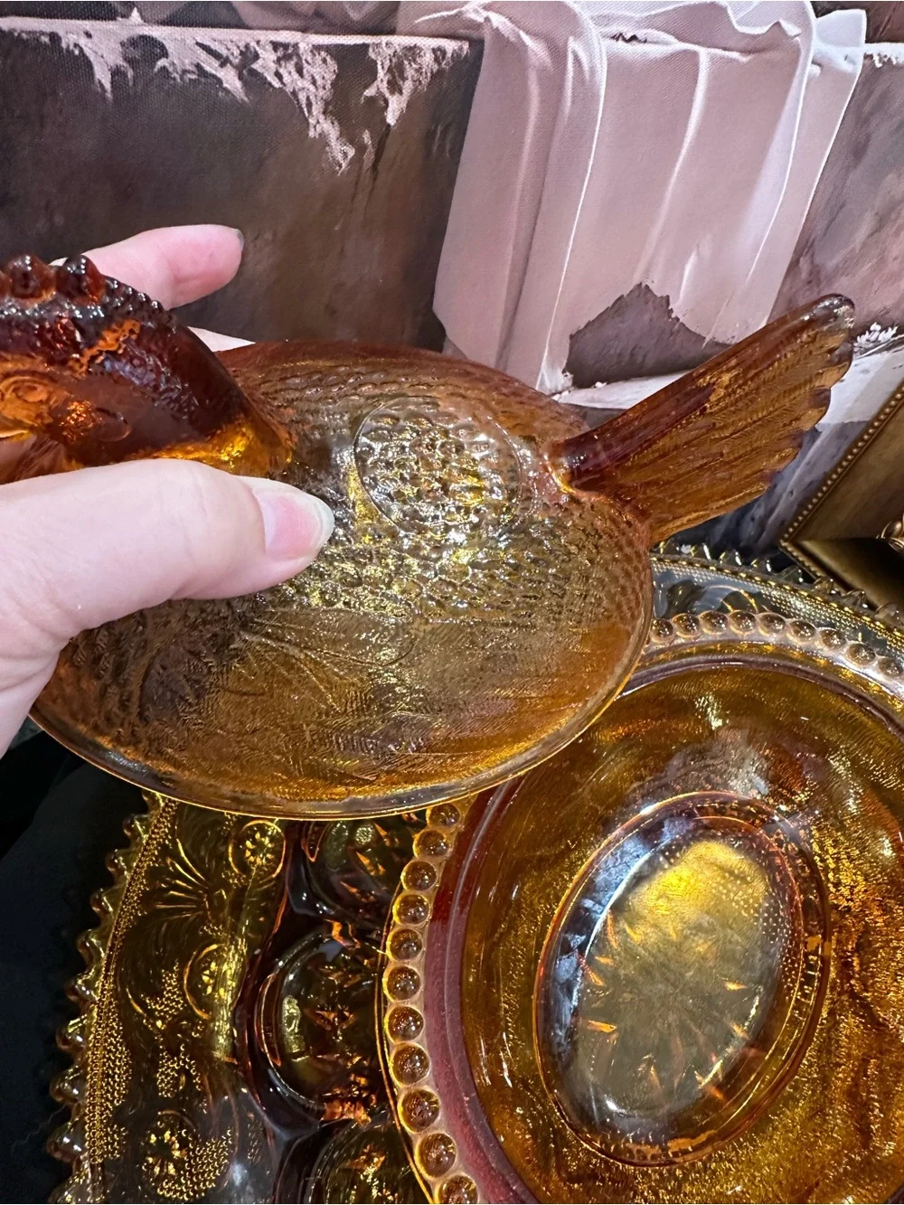 Amber Indiana Glass Hen On Nest w/ Amber glass Tiara pattern deviled egg  plate